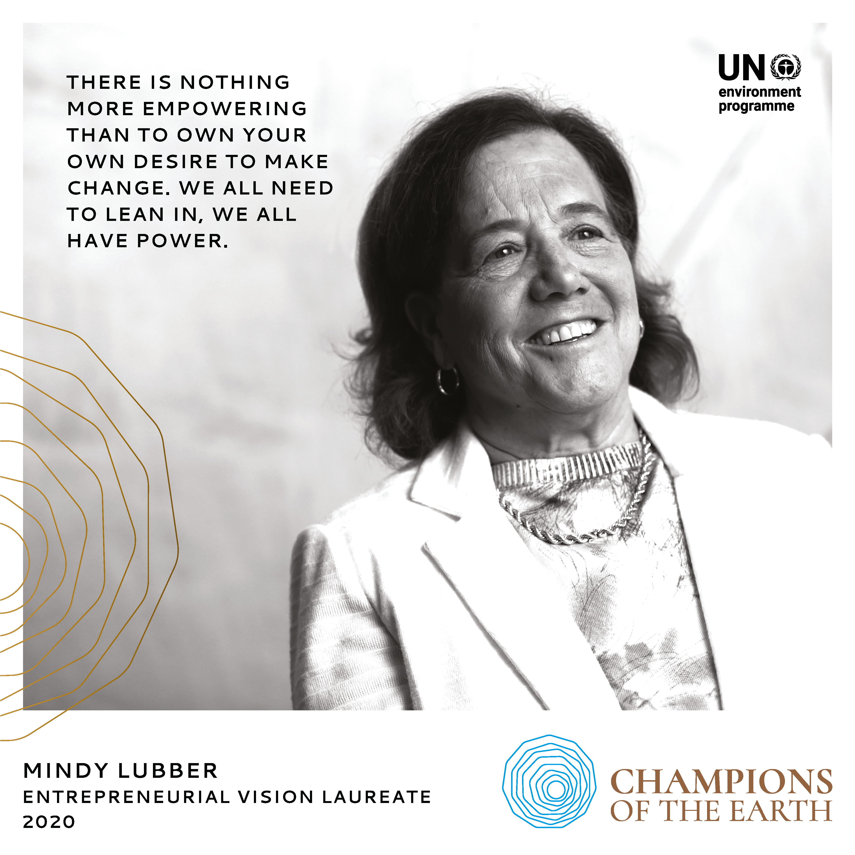 White graphic with an image of Mindy Lubber, named a Champion of the Earth by the UNEP as an entrepreneurial vision laureate in 2020.